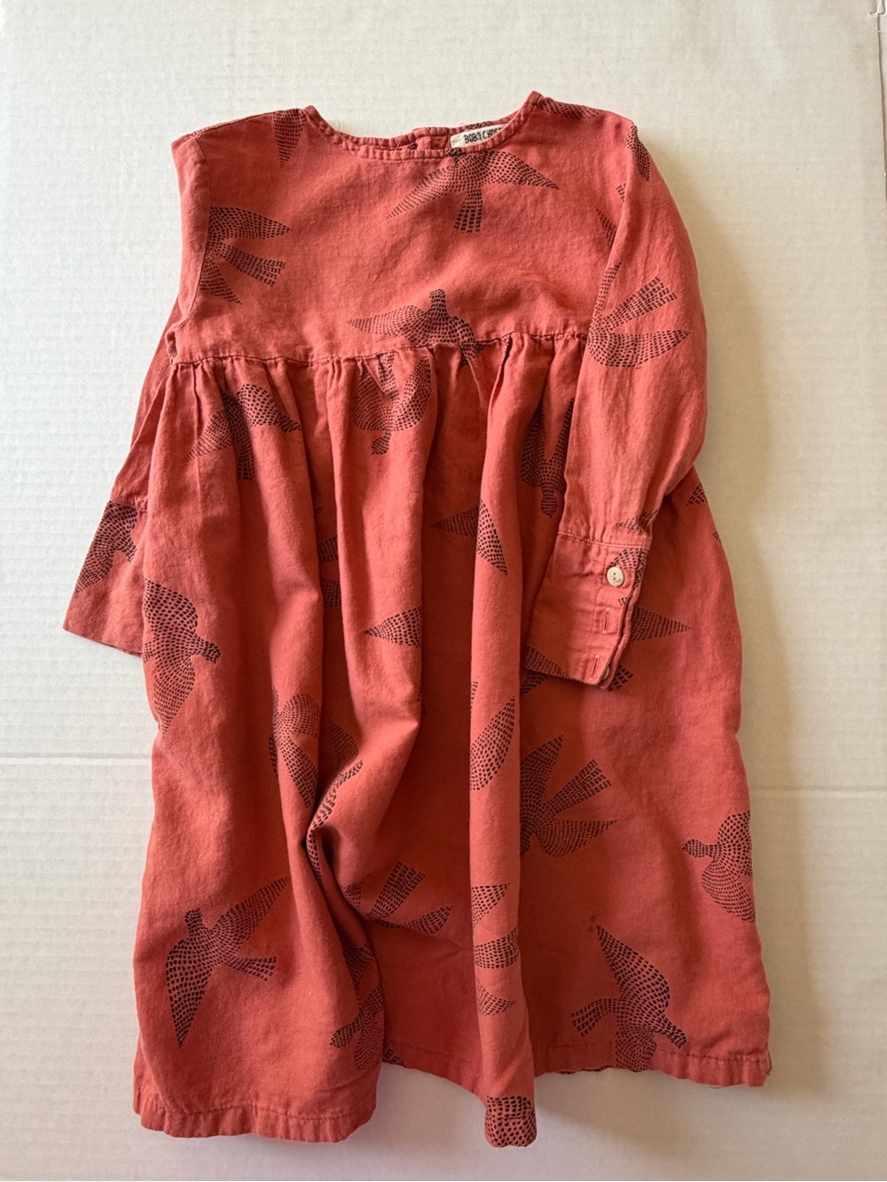 Bobo Choses Bird Print Woven Dress Coral Rust 4-5Y